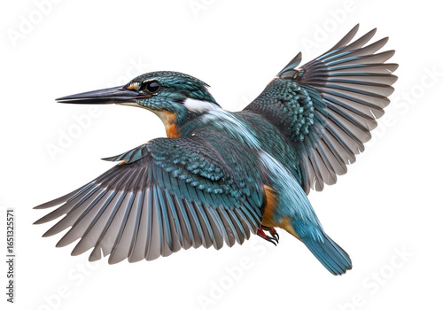 Elegant kingfisher bird in flight displaying vibrant feathers and sharp beak on a black background