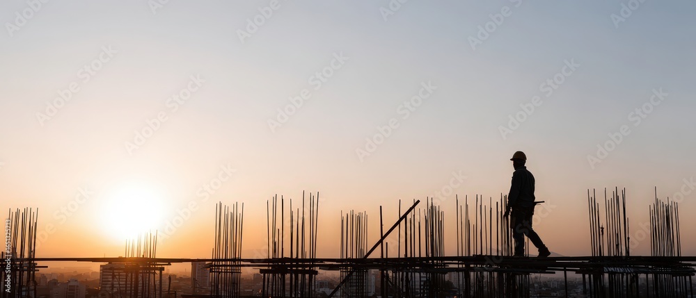 Fototapeta premium Worker Silhouetted on Construction Site at Sunset with City View