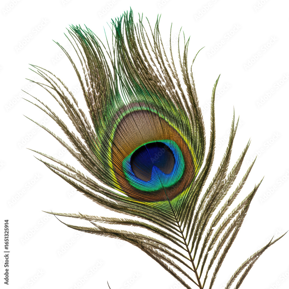 Obraz premium Single elegant peacock feather with iridescent blue, green, gold eye-spot and delicate barbs, pristine on a transparent seamless background, macro lens detail, professional studio lighting. Concept of