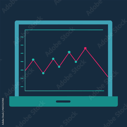 Laptop screen displaying a rising and falling line graph with data points