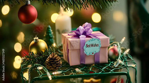 Festive Christmas Gift Box with Purple Ribbon on a Decorated Tray