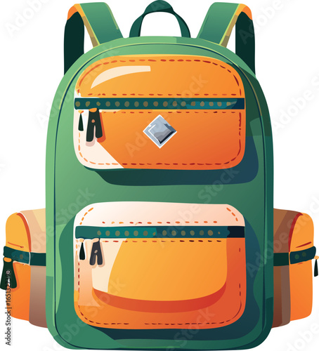 A vibrant, cartoon-style illustration depicts a green and orange backpack with pockets and zippers.