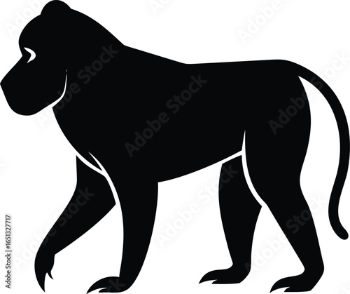 Baboon primate silhouette side view with curved tail and walking posture isolated on white background