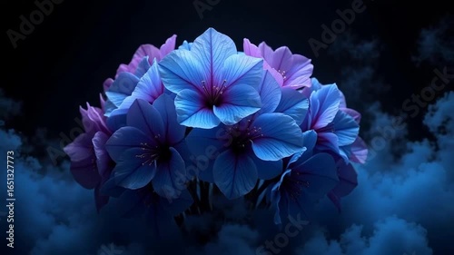 Stunning blue and purple floral bouquet in a dreamy, atmospheric setting with dark background