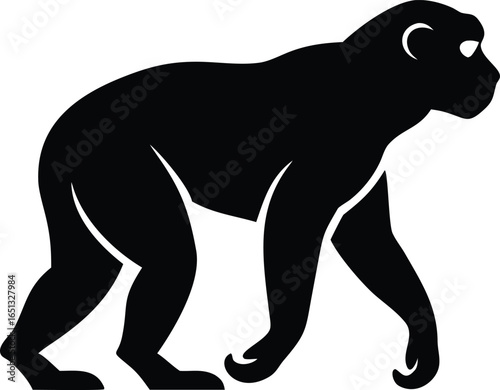 Chimpanzee primate silhouette side profile with walking posture and visible limbs isolated on white