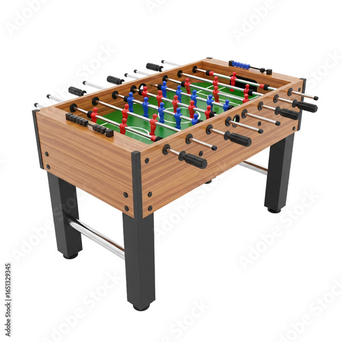 Classic wooden foosball table with colorful player figures and metal legs isolated on transparent background