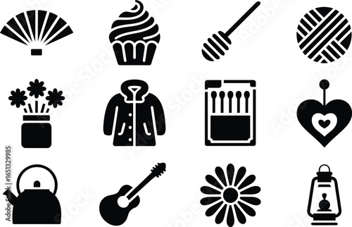 Stylish Black Glyph Icons:  Hobbies, Home, Hygge, and Cozy Winter Feelings.