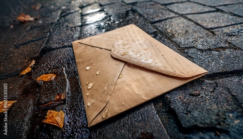 a rain soaked envelope lying on the ground unopened with a faded name visible