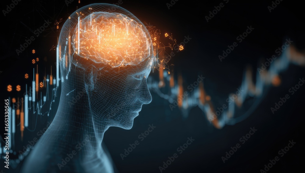 Obraz premium 3D human head, brain activity, financial data