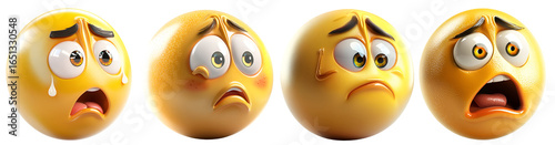 Collection of 3d yellow emoji faces with shocked scared and worried expressions emotional cartoon icons isolated on white background