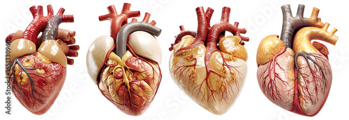 Collection of detailed human heart anatomy illustration with realistic internal organs isolated on white background