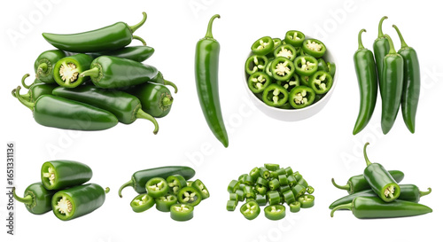 Collection of fresh green jalape o peppers whole sliced and diced in a bowl isolated on transparent background