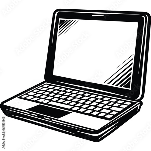 Black and white illustration of an open laptop computer technology portable