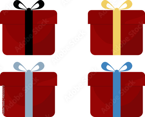 Red gift box with different ribbons isolated on transparent background. Vector illustration.