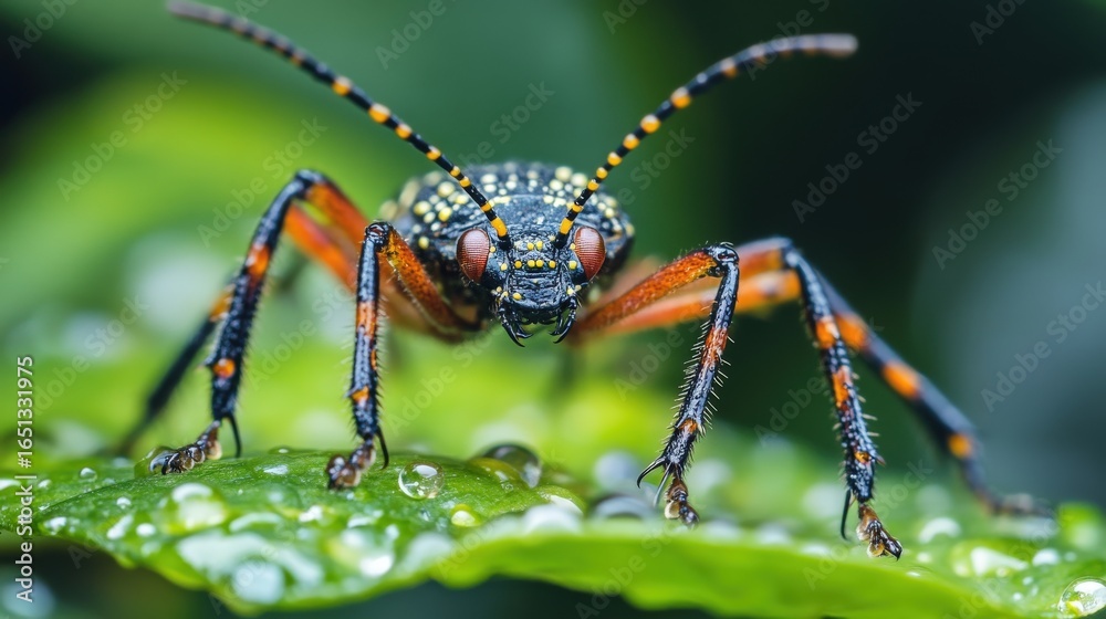 Close-up of a colorful insect on a dewy leaf. Close-up of a colorful insect on a dewy leaf.