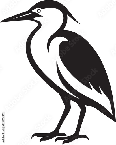 Heron bird wading silhouette, Stylized black heron water bird design