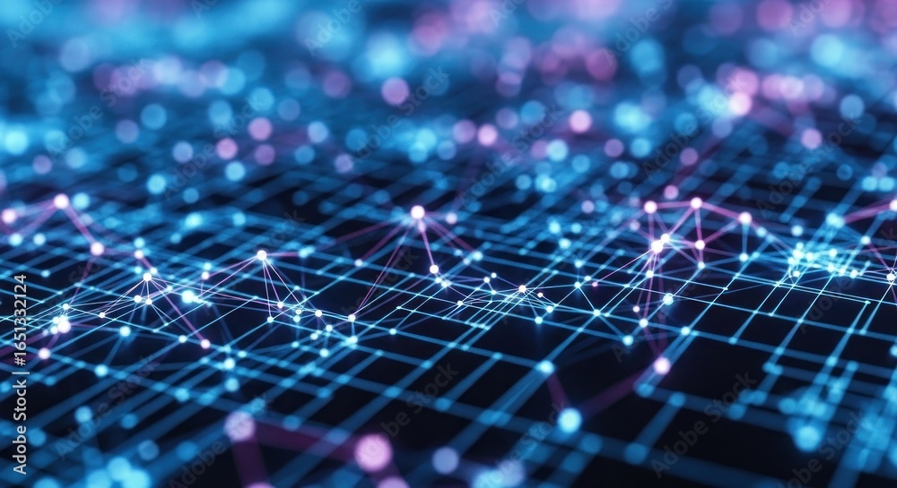 Obraz premium Connected network grid with blue/pink light nodes and glowing lines, dark background