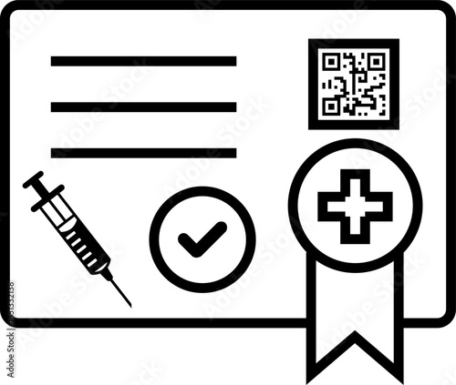 Health Passport Line Art Icon. Vector symbol of a digital vaccination certificate with QR code, syringe, and medical seal. Proof of immunity for safe travel.