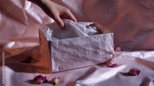 Wallpaper Mural Hand Removing a Tissue from a White Tissue Box Placed on Soft Pink Fabric with Scattered Rose Petals Surrounding Torontodigital.ca