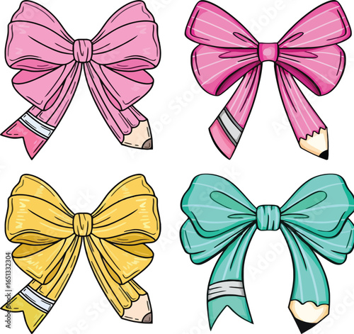 Colorful Pencil Bows Set Back to School Cute Stationery Design