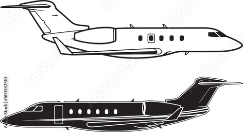 Black and white vector illustration of a private jet, design element