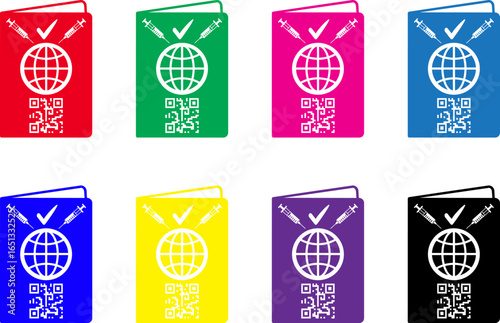 Vaccine Passport Icon Set. Colorful collection of vector health certificate symbols with QR codes for international travel. Proof of vaccination concept.