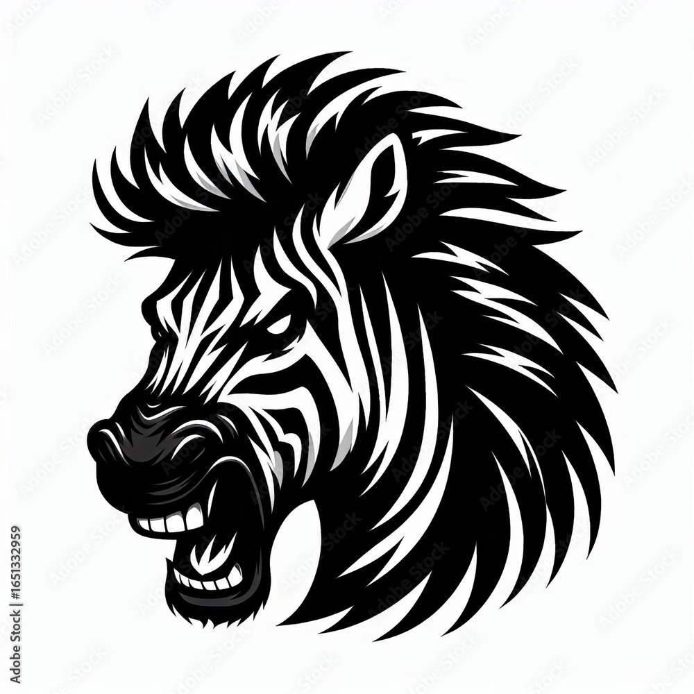 Fototapeta premium Fierce zebra head with wild mane and open mouth