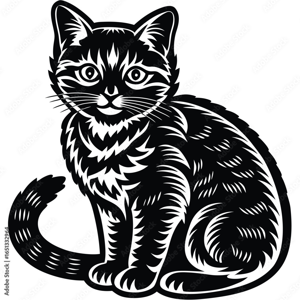 Obraz premium Black cat sitting with tail curled feline animal
