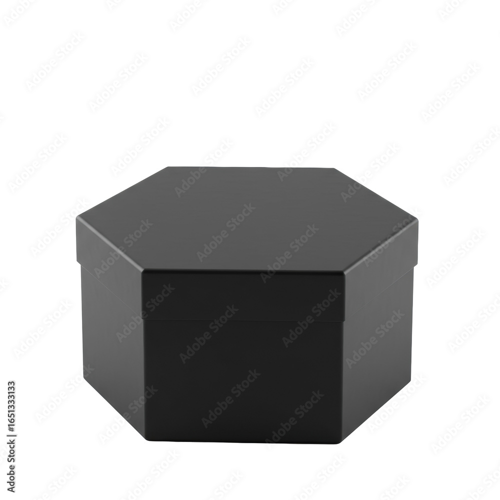 Fototapeta premium A sleek deep matte black hexagonal gift box, meticulously closed with perfect edges, on a transparent seamless studio backdrop with no shadows, highlighting its elegant texture and form. Luxury