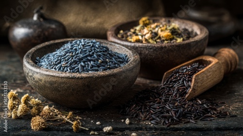 Fototapeta Naklejka Na Ścianę i Meble -  Ancient grain and black rice with dried herbs in background