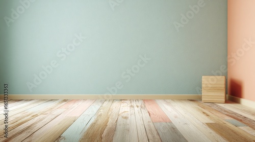 A soft pastel wall with wooden floor  minimal Scandinavian vibe  copy space center