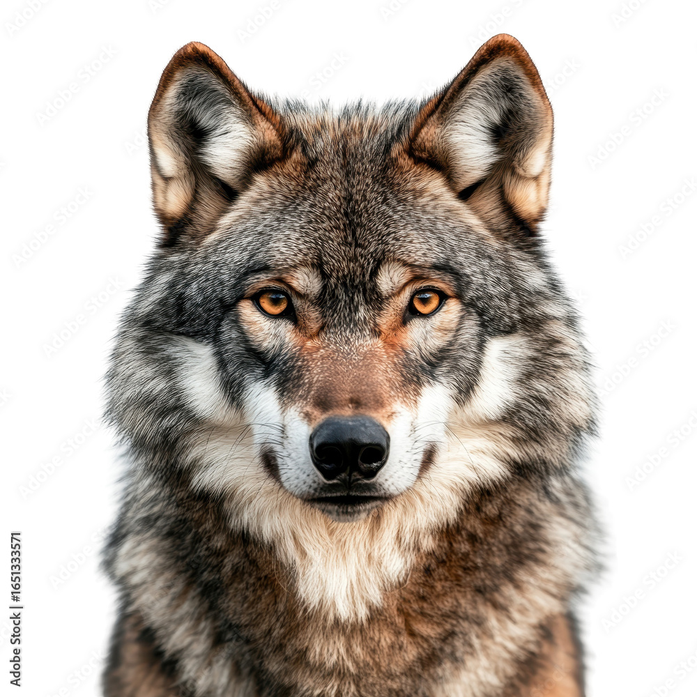 Obraz premium Portrait of a wolf in a forest, close-up portrait of a wolf gazing intently, isolated on transparent background