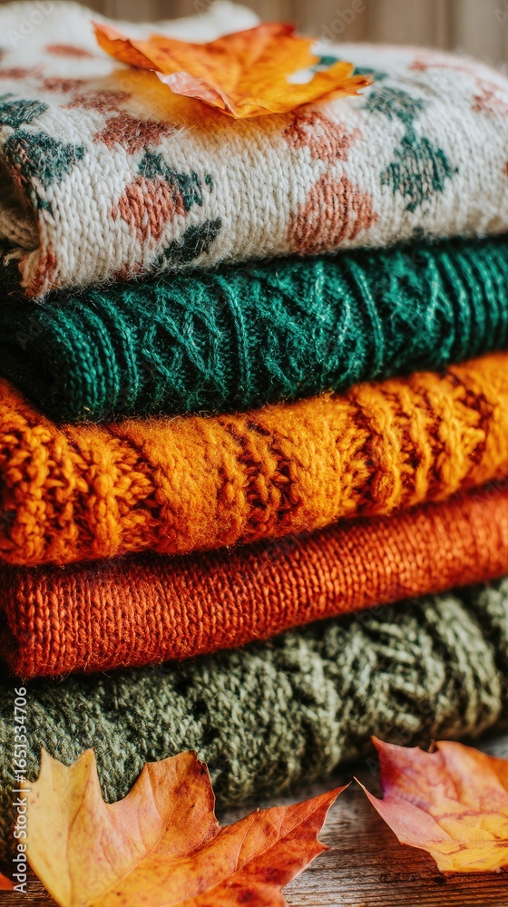 Fototapeta premium A stack of autumn-colored sweaters