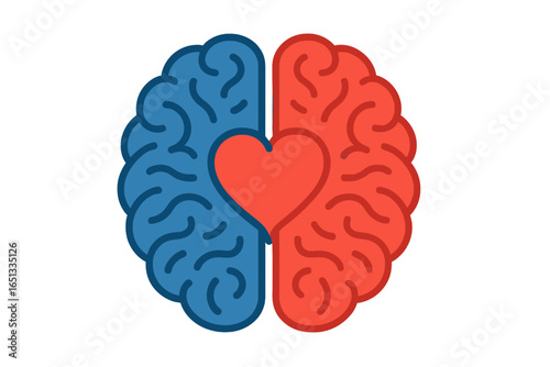 Concept of mental health, emotional quotient, and emotional regulation, represented by a vector flat design healthcare illustration of a human brain with a rational gear and emotional heart shape