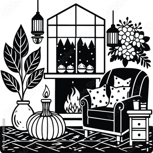 Cozy living room scene with fireplace and armchair pillows candle