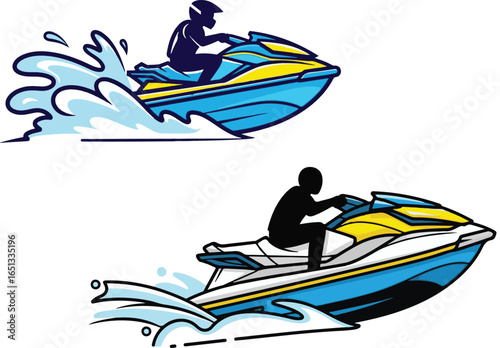 Jet ski illustrations with a person riding on water, vector design