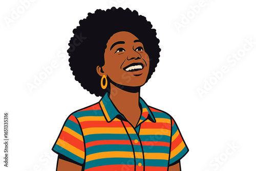 Portrait of a black woman with a short afro and hoop earrings set against a striped backdrop, her serene gaze directed upward, embodying the concepts of beauty, minimalism, and modern artistry