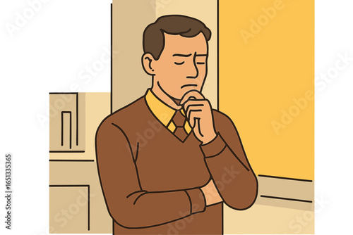 Young Pakistani or Indian businessman with handsome dark skin and a modern casual look in a sweater, portrayed in a worried pose with a headache, presented as a vector flat style cartoon illustration