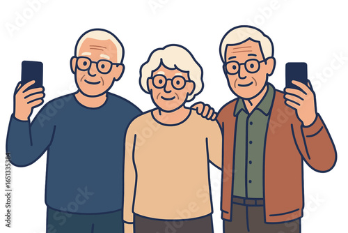 Cheerful senior friends enthusiastically taking selfies, their faces glowing with happiness and genuine emotions, atmosphere of warm communication and active aging, as elderly friends capture joyful