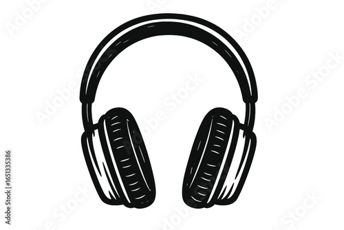 Headphones with a black colour and hand drawn design on a transparent  background