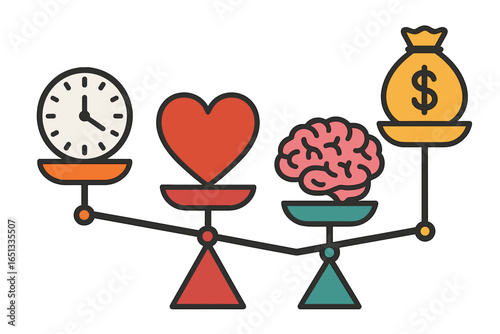 Heart and brain balance icons set, symbolizing the equilibrium between emotional and logical decision making, work life balance, and the choice between passion and rationality, as represented by a