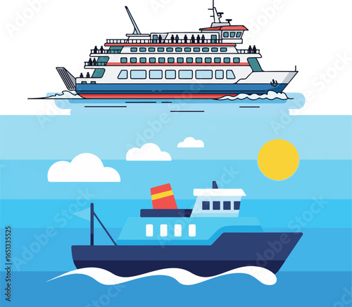 Illustration of ferries in the ocean with a sunny sky
