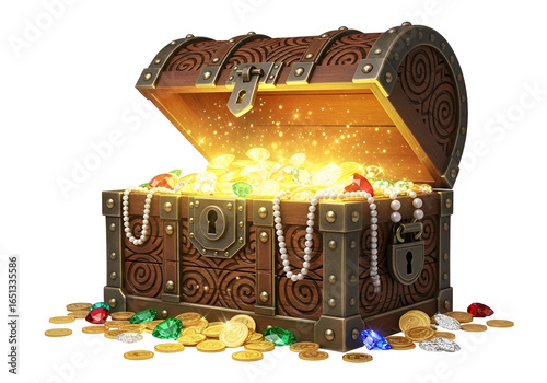 illustration of a treasure chest overflowing with gold coins and colorful jewels on a black