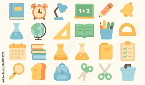 Flat Vector Icons of Classroom Essentials for Teachers and Educational Platforms.Editable school icons for educators.