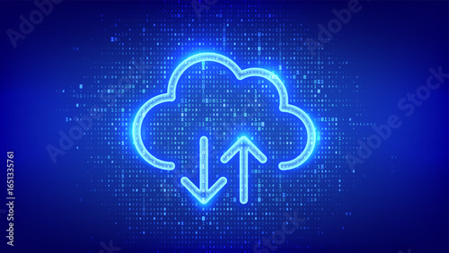 Cloud icon made with binary code. Cloud computing service. Database storage Data center. Transfer data. Cloud Storage. Upload download app. Digital code background with digits 1.0. Vector illustration