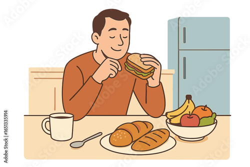 A young man is depicted making toast and spreading butter in his home kitchen, embodying a healthy eating lifestyle and a thoughtful approach to food and well-being