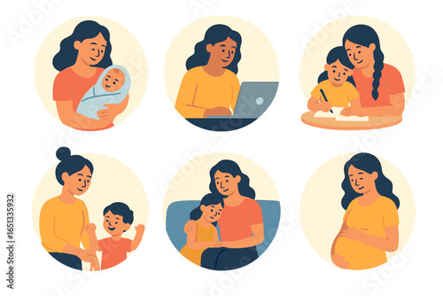 Illustration of young women mothers engaging in home activities with children, including feeding, playing, chatting online, reading, cooking, and taking selfies, representing the concept of