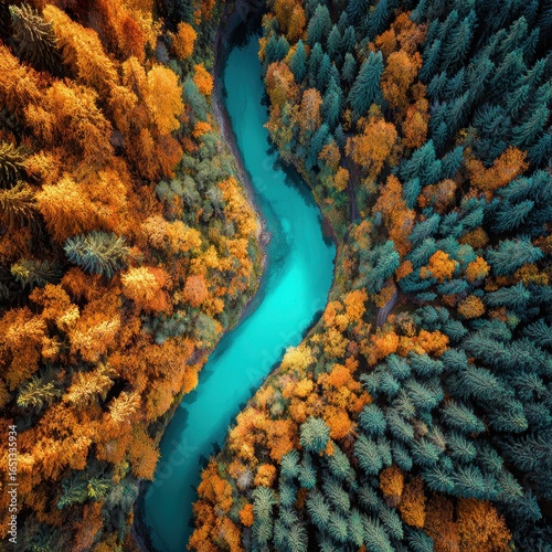 River flows through autumn trees, from above. Nature concept. Backdrop usage