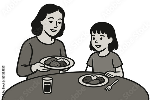 Dynamic one line draw graphic design vector illustration of a happy family in the kitchen, where a mother is teaching her little daughter to cut vegetables and fruit, promoting healthy food at home