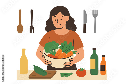 Cartoon flat vector illustration of a woman at home, taking care of household chores, preparing a salad for dinner with vegetables and healthy food, following a proper vegetarian diet